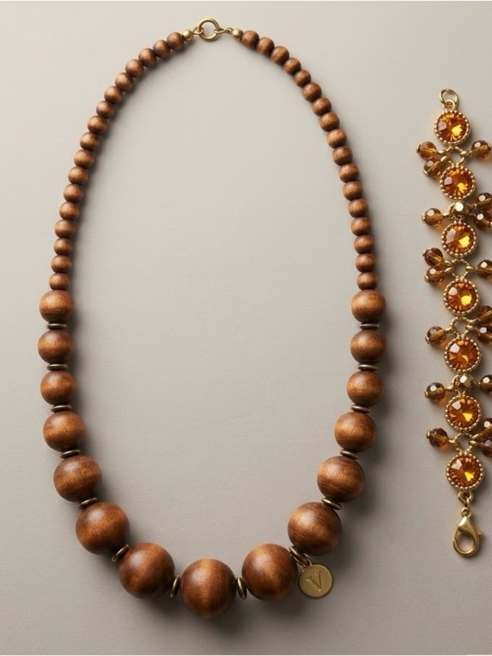 Vintage Wooden Bead Graduated Necklace & Amber Rhinestone Charm Bracelet Set